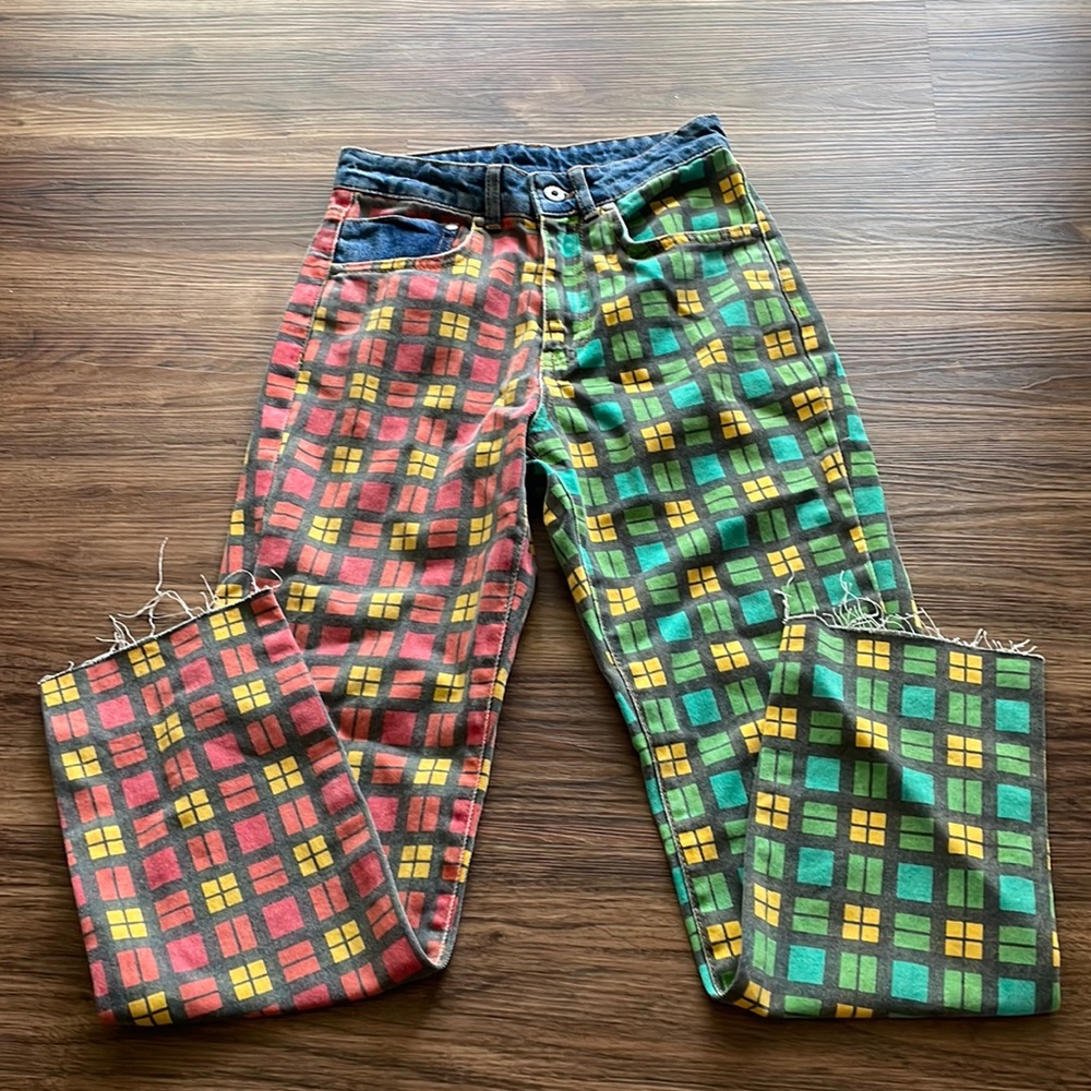 Ragged Jeans W24 plaid bi-color red and green jeans